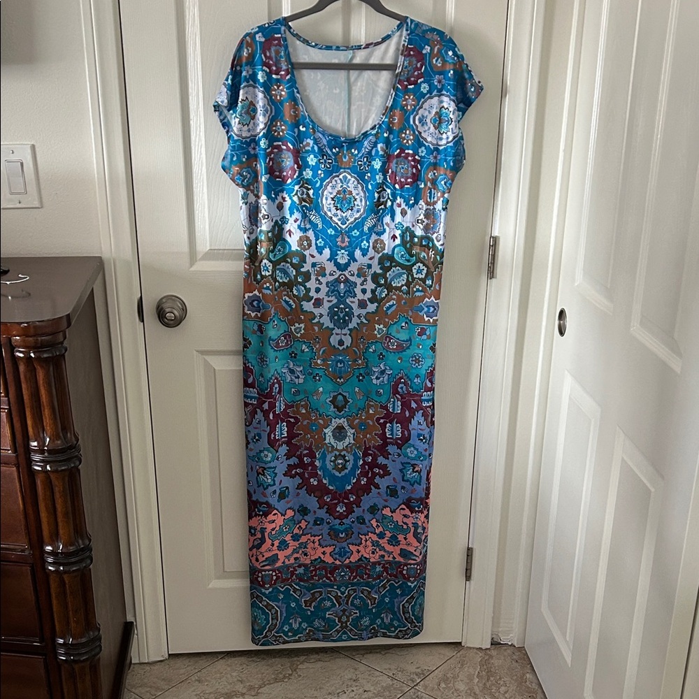 SHEIN Vibrant Blue, Pink and Brown Maxi Dress With Side Slit, Size XL, NWOT
